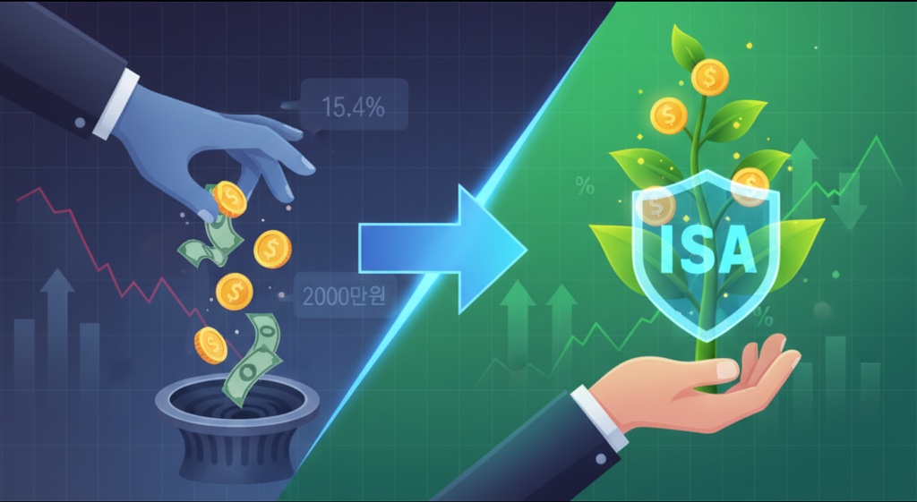 좌측에는 세금으로 돈이 빠져나가는 모습을, 우측에는 ISA 계좌로 자산이 보호되고 성장하는 모습을 대조적으로 보여주는 그래픽 이미지.