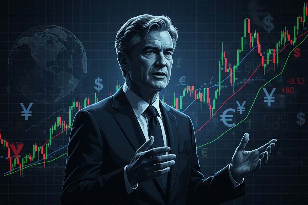 연준 의장 제롬 파월이 변동성 있는 주식 시장 그래프와 달러, 유로, 엔화 등 주요 통화 기호를 배경으로 발언하는 모습을 담은 그래픽 이미지.