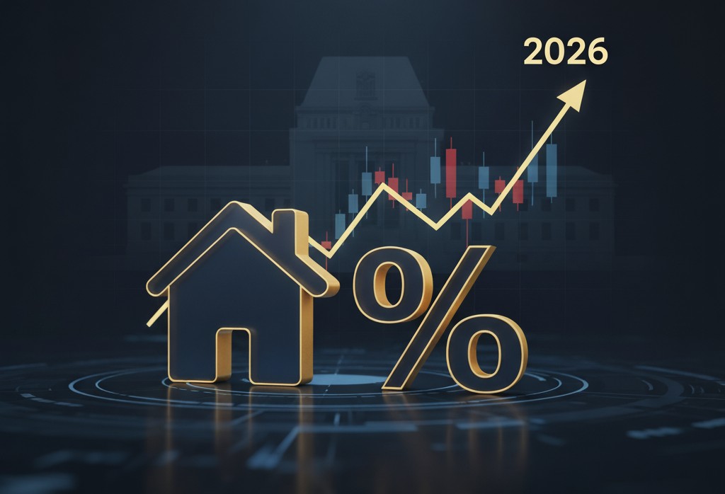 2026년을 향해 우상향하는 금리 그래프와 집, 퍼센트 기호 아이콘. 배경에는 미국 연준(FOMC) 건물이 그려져 있어, 연준의 금리 정책에 따른 2026년 부동산 시장 및 내 집 마련 기회에 대한 전망을 시각적으로 표현한 이미지.