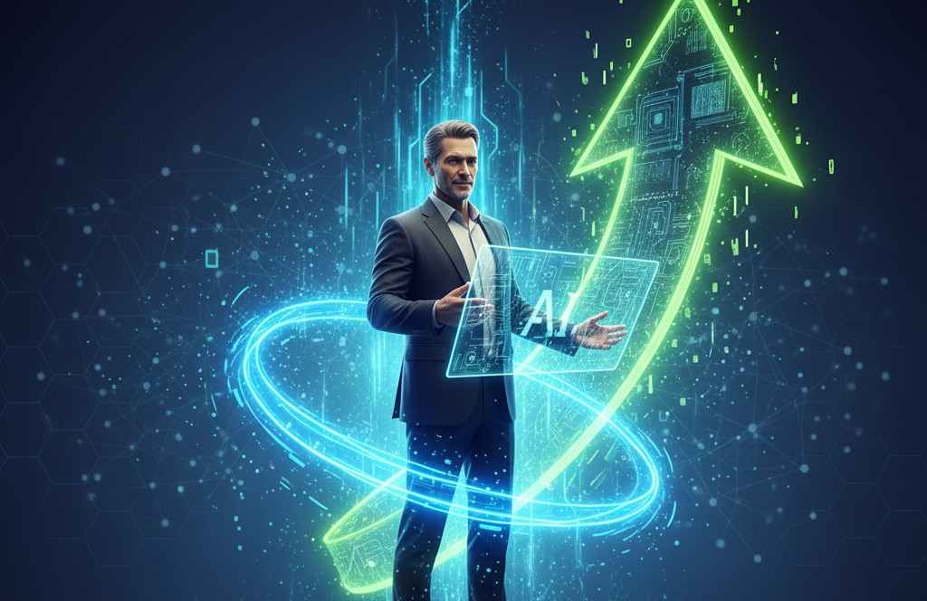 40대 전문직 여성이 자신의 경험을 상징하는 따뜻한 색의 패턴과 인공지능 기술을 상징하는 차가운 색의 디지털 회로망 사이에 서서 두 요소를 융합하는 모습을 표현한 그래픽 이미지.