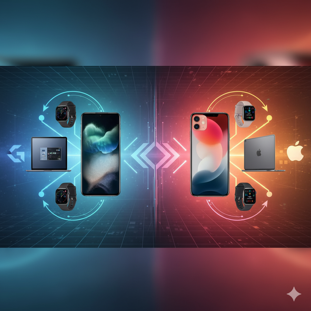 좌측에는 갤럭시 스마트폰, 워치, 노트북이 푸른색 연결망으로 묶여있고, 우측에는 아이폰, 애플 워치, 맥북이 붉은색 연결망으로 묶여 비교되는 그래픽 이미지.
