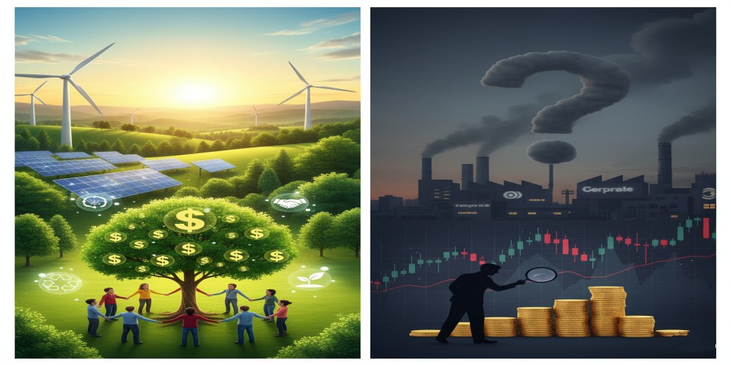 ESG 투자를 대조하는 분할 화면 일러스트: 왼쪽은 청정에너지와 지속가능한 녹색 세상을, 오른쪽은 공장 연기와 금융 차트가 있는 산업적인 풍경을 보여줌.