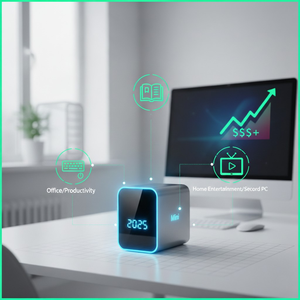 '2025년 최고의 미니 PC 추천: 용도별, 가격대별 완벽 가이드'를 나타내는 현대적인 디지털 아트 이미지. 중앙에 '2025'가 표시된 작고 빛나는 미니 PC가 책상 위에 놓여 있다. 미니 PC 주위로는 사무/생산성, 학습, 홈 엔터테인먼트/세컨드 PC를 상징하는 아이콘들이 연결되어 있으며, 배경 모니터에는 가성비 상승 그래프가 보인다.