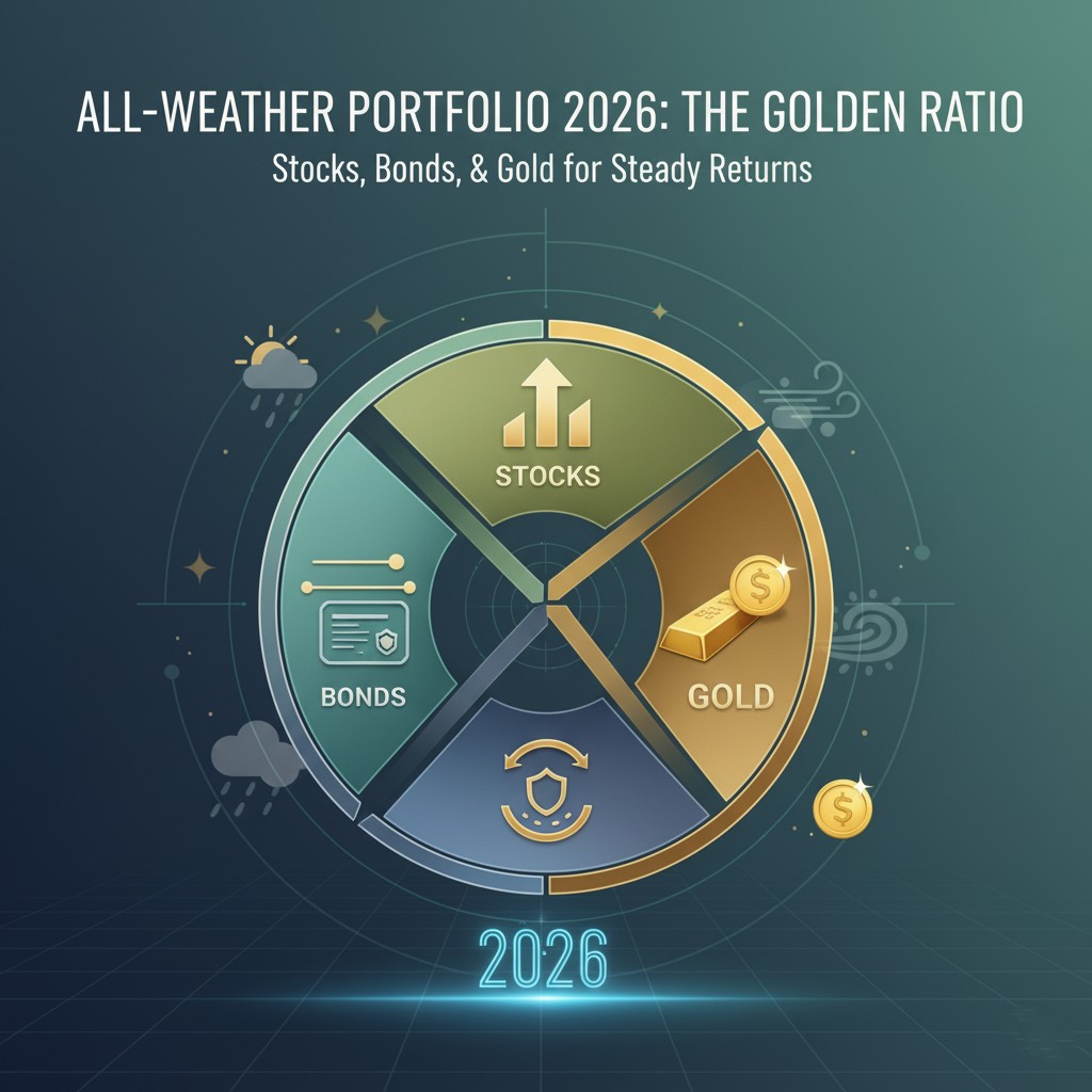 '2026 올웨더 포트폴리오: 황금 비율'을 시각화한 디지털 아트. 주식, 채권, 금을 나타내는 세 부분으로 나누어진 균형 잡힌 원형 차트가 중앙에 있다. 각각 상승 화살표, 안정적인 증서, 금괴로 상징된다. 배경에는 잔잔한 날씨 요소와 '2026'이라는 글자가 표시되어 있다.