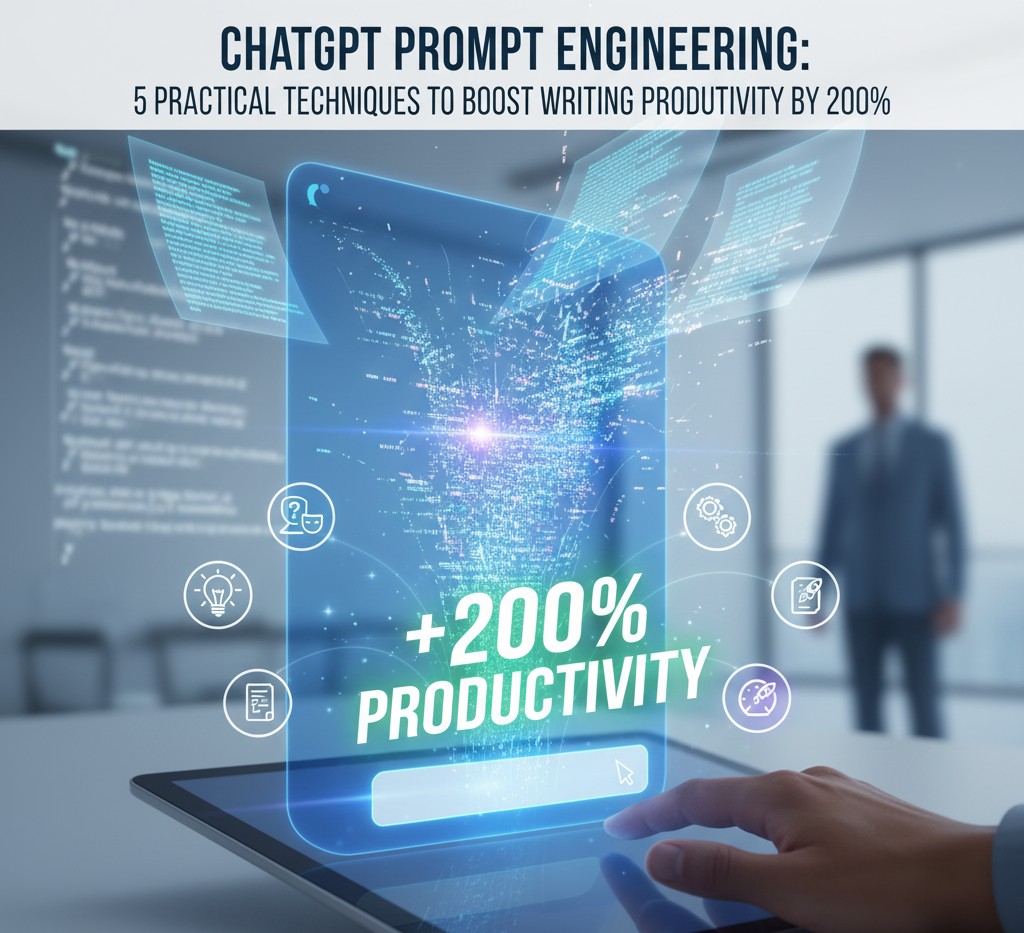 'ChatGPT 프롬프트 엔지니어링: 글쓰기 생산성 200% 향상을 위한 5가지 실전 기술'을 나타내는 역동적인 디지털 아트 이미지. 태블릿에서 빛나는 ChatGPT 인터페이스가 보이며, 손가락이 프롬프트 입력창을 가리키고 있다. "+200% PRODUCTIVITY" 문구와 함께 5가지 실용 기술을 상징하는 아이콘들이 주위에 배치되어 있다.