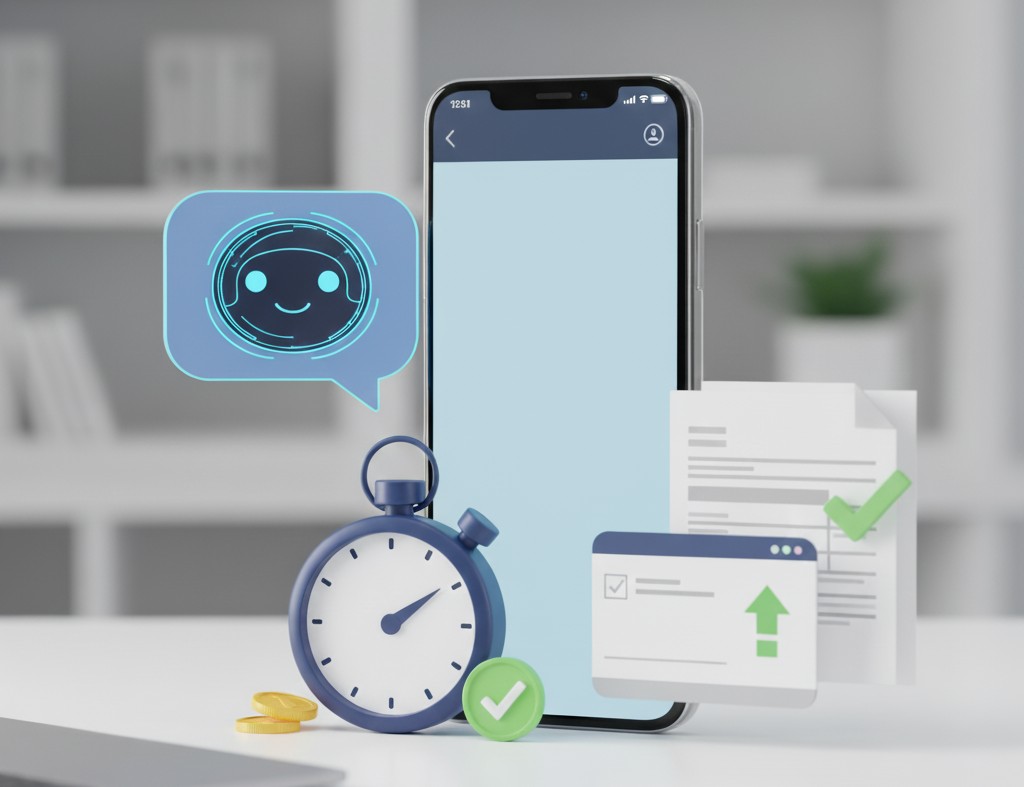 스마트폰 화면에 친근한 모습의 AI 챗봇이 표시되어 있고, 주변에는 간소화된 연말정산 서류와 계산기 아이콘이 깔끔하게 정리되어 있다. 배경의 시계가 10분을 가리키고 있어, AI를 통해 복잡한 연말정산을 10분 만에 쉽고 빠르게 끝낼 수 있다는 콘셉트를 보여주는 이미지.