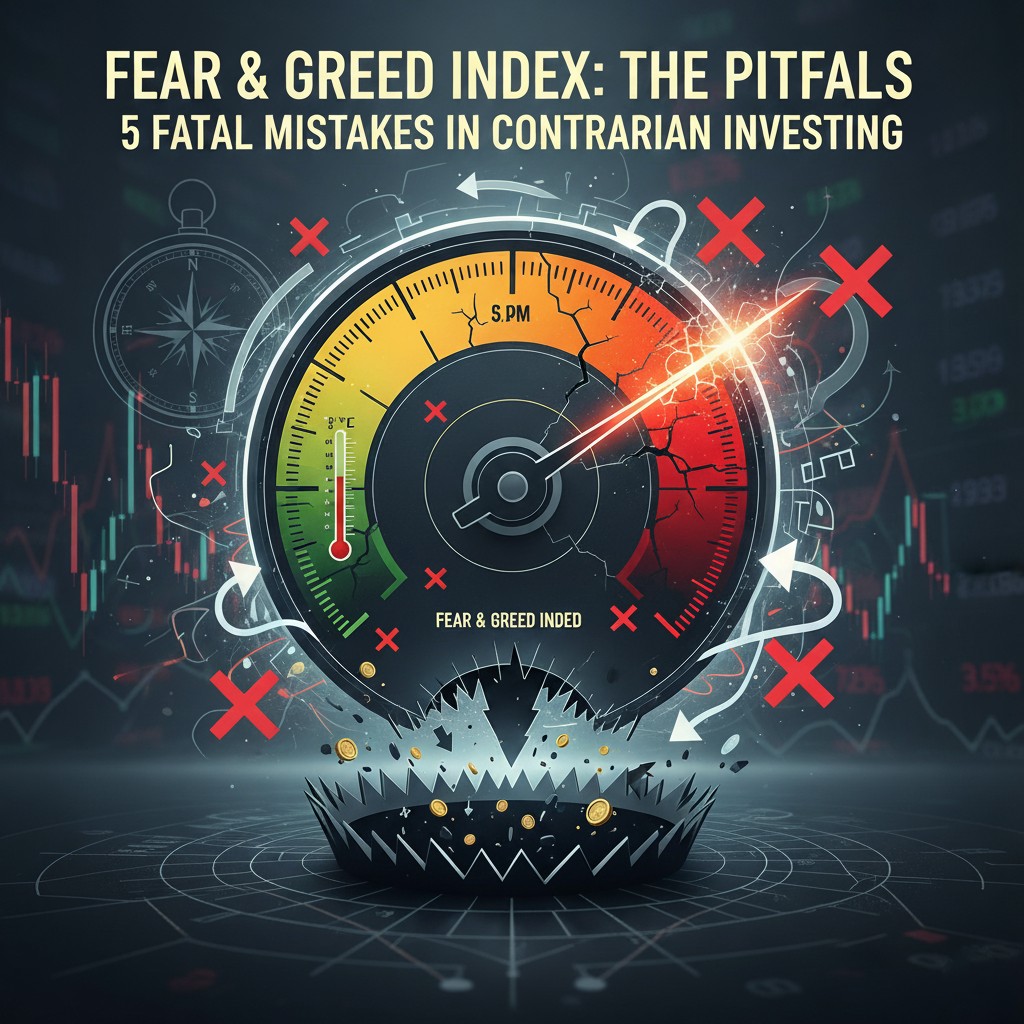 '공포 탐욕 지수의 함정: 역발상 투자의 5가지 치명적 실수'를 경고하는 디지털 아트 이미지. 고장 난 듯 제멋대로 움직이는 지표가 달린 공포 탐욕 지수 게이지가 중앙에 있고, 아래 함정 속으로 주식 심볼들이 떨어지고 있다. 게이지 주변에는 5개의 빨간색 'X' 표시와 잘못된 방향을 나타내는 화살표, 그리고 흐릿한 나침반이 보인다.