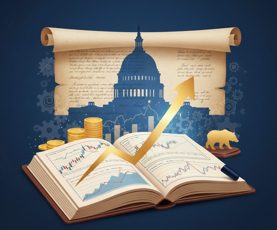 미국 국회의사당 실루엣을 배경으로, 돋보기 아래에 놓인 오래된 서류와 현대적인 주식 시장 그래프가 겹쳐 있는 이미지. 과거의 역사적 데이터를 분석하여 미래의 투자 전략을 세운다는 콘셉트를 시각적으로 표현.
