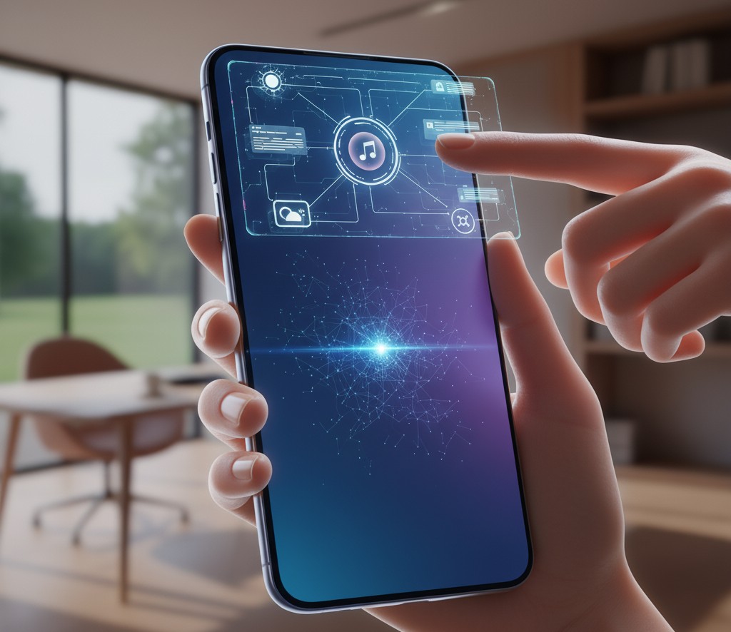 현대적인 실내 공간을 배경으로, 자연스러운 피부색의 손이 홀로그램 UI가 투사된 미래형 아이폰을 조작하고 있다. 아이폰 화면에는 온디바이스 AI를 상징하는 빛나는 네트워크 패턴이 보이며, 손가락은 음악 앱으로 보이는 UI 요소를 터치하고 있어 아이폰 17의 AI 기능을 활용하는 모습을 보여준다.
