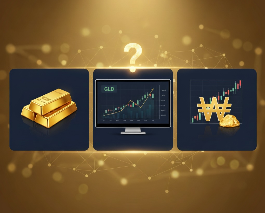 반짝이는 골드바, 상승하는 주식 차트가 보이는 모니터, 그리고 원화 기호와 금덩이가 함께 있는 세 가지 금 투자 방식을 비교하는 이미지. 상단에는 물음표가 있다.