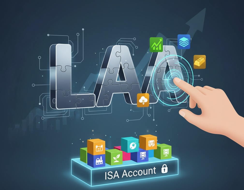 'LAA' 글자가 퍼즐 조각처럼 구성되어 있고, 한 손이 디지털 인터페이스를 통해 LAA 전략을 맞춤 설정하는 모습. 하단에는 'ISA Account'라고 적힌 플랫폼 위에 개별 ETF를 상징하는 다양한 색깔의 블록들이 놓여 있고, 배경에는 상승하는 그래프가 있다.