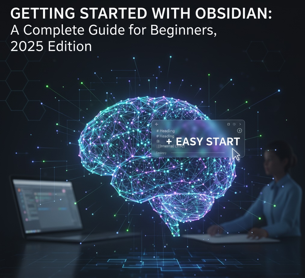 'Obsidian 시작하기: 2025 초보자 완벽 가이드'를 나타내는 현대적인 디지털 아트 이미지. 중앙에 빛나는 신경망 같은 뇌 그래픽이 있고, 그 위에 Obsidian 인터페이스와 'EASY START' 버튼을 가리키는 커서가 보인다. 배경에는 노트북과 사무실에서 작업하는 듯한 사람의 모습, 그리고 '2025'년이 표시되어 있다.