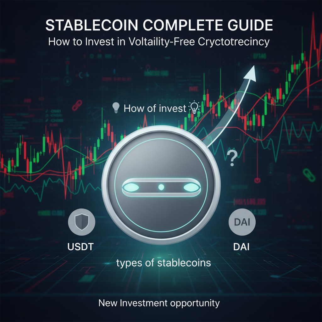 '스테이블코인 완벽 가이드: 변동성 없는 암호화폐 투자 방법'을 나타내는 디지털 아트 이미지. 중앙에 안정적인 스테이블코인 상징이 있으며, 그 주위에 USDT와 DAI 아이콘이 있다. 배경에는 변동성이 큰 암호화폐 차트가 있고, 안정적인 상승 추세선과 'How to invest?', 'New Investment opportunity' 등의 텍스트가 함께 보인다.
