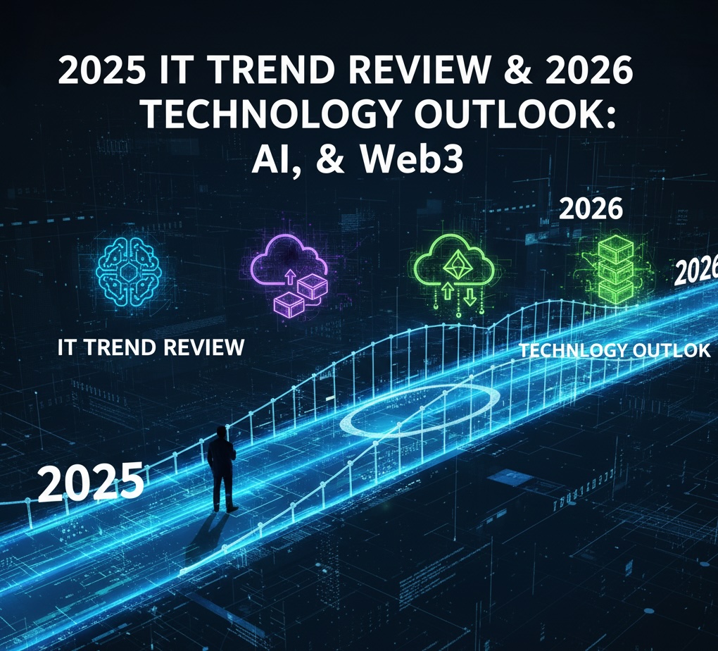 '2025 IT 트렌드 리뷰 및 2026 기술 전망: AI, 클라우드, Web3'를 나타내는 역동적인 디지털 아트 이미지. '2025'와 '2026'년을 잇는 빛나는 다리 위에 사람이 서서 미래를 바라보고 있다. 다리 양쪽에는 AI, 클라우드, Web3를 상징하는 아이콘들이 'IT 트렌드 리뷰'와 '기술 전망'으로 나뉘어 배치되어 있다.