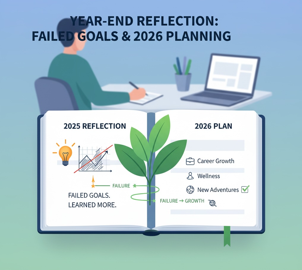 '연말 회고: 실패한 목표 & 2026년 계획'을 나타내는 디지털 아트 이미지. 열린 책의 왼쪽 페이지는 '2025년 회고'로 실패한 목표와 배운 교훈을 상징하는 아이콘들이, 오른쪽 페이지는 '2026년 계획'으로 미래 목표가 체크리스트 형태로 그려져 있다. 책 중앙에는 '실패에서 성장'을 의미하는 식물 새싹이 돋아나 있고, 배경에는 책상에서 작업하는 사람이 보인다.