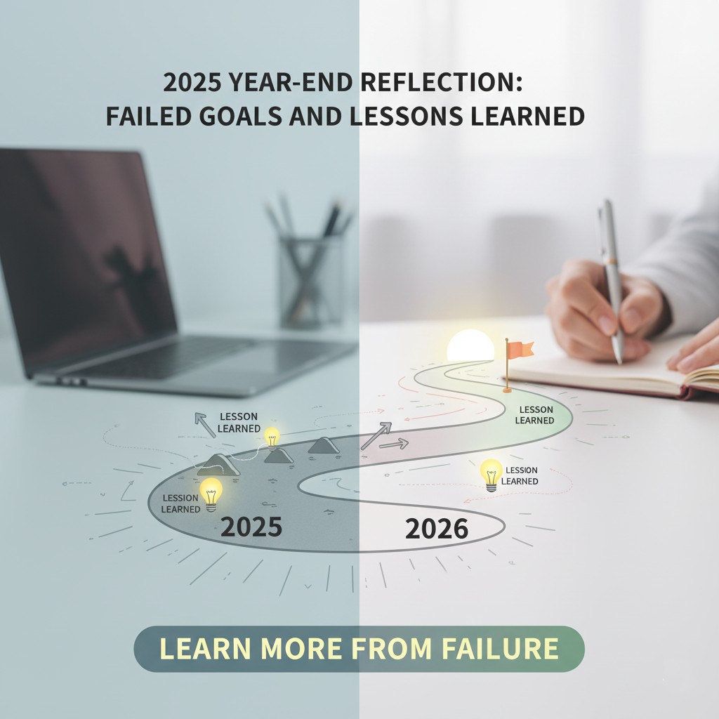 '2025년 연말 회고: 실패한 목표와 배운 교훈'을 나타내는 디지털 아트 이미지. 2025년에서 2026년으로 이어지는 구불구불한 길을 통해 학습과 성장의 여정을 보여준다. 2025년 구간에는 'LEARNED LESSONS' 전구가 켜진 장애물이 있고, 2026년 구간은 더 매끄러운 길로 성공을 상징하는 깃발이 있다. 배경에는 노트북과 플래너에 필기하는 손이 보인다.